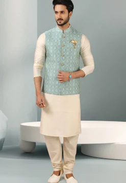 Woven Art Silk Kurta Jacket Set in Off White and Sky Blue