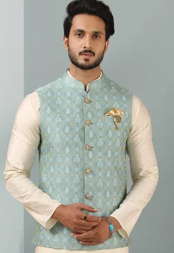 Woven Art Silk Kurta Jacket Set in Off White and Sky Blue
