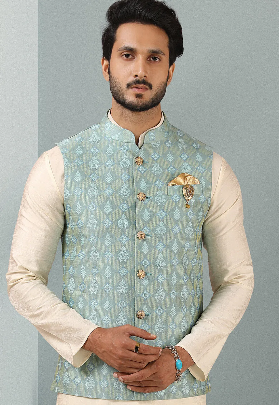 Woven Art Silk Kurta Jacket Set in Off White and Sky Blue