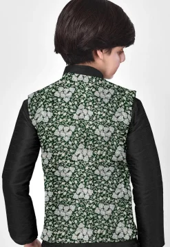 Woven Art Silk Kurta Jacket Set in Black