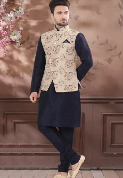 Woven Art Silk Kurta Jacket Set in Navy Blue and Peach