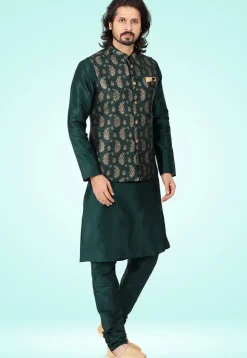 Woven Art Silk Kurta Jacket Set in Dark Green