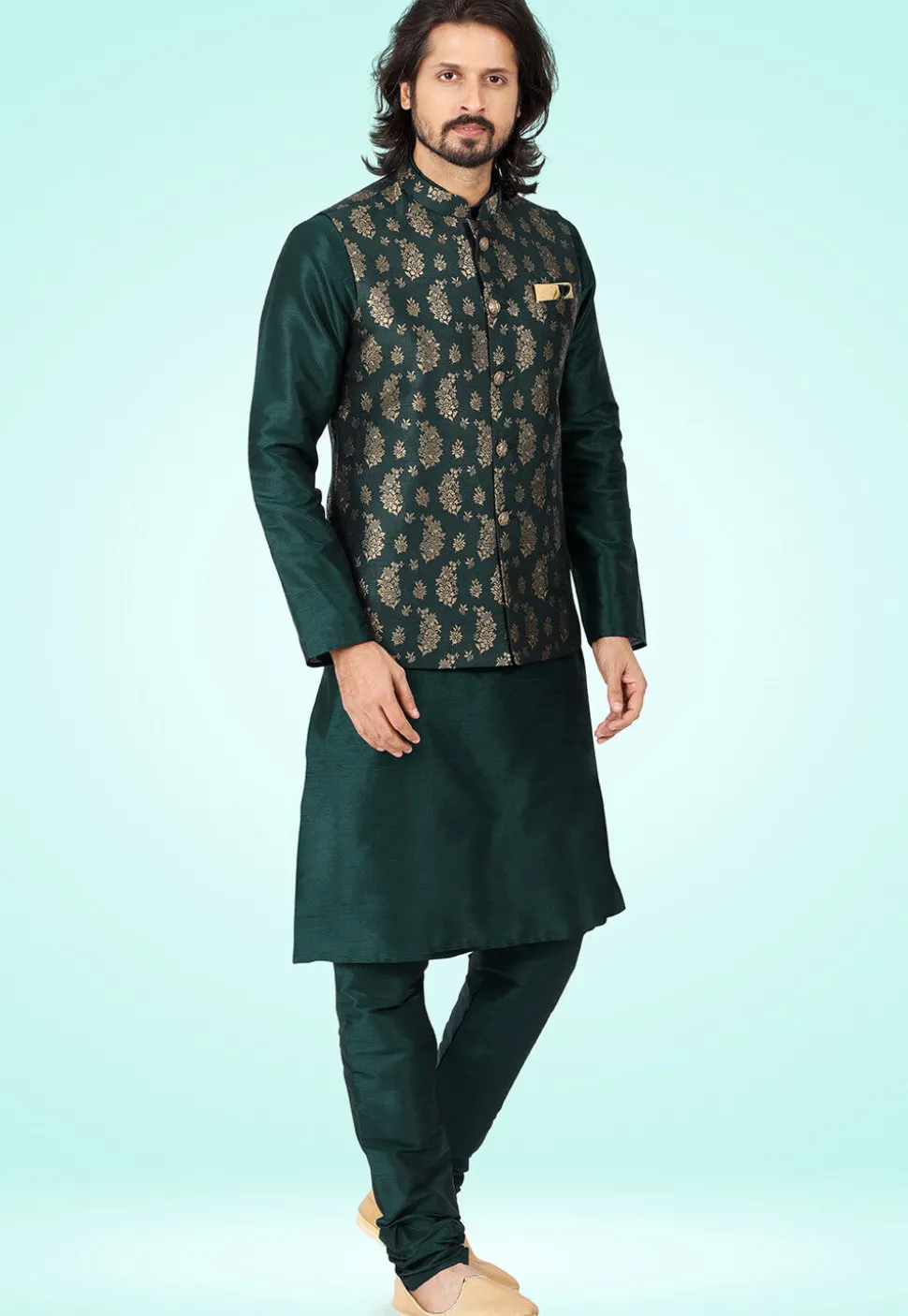Woven Art Silk Kurta Jacket Set in Dark Green