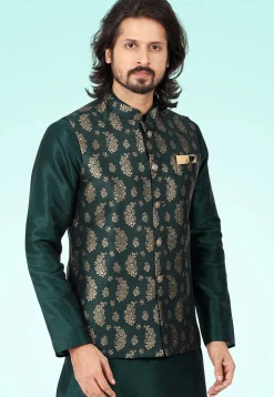 Woven Art Silk Kurta Jacket Set in Dark Green