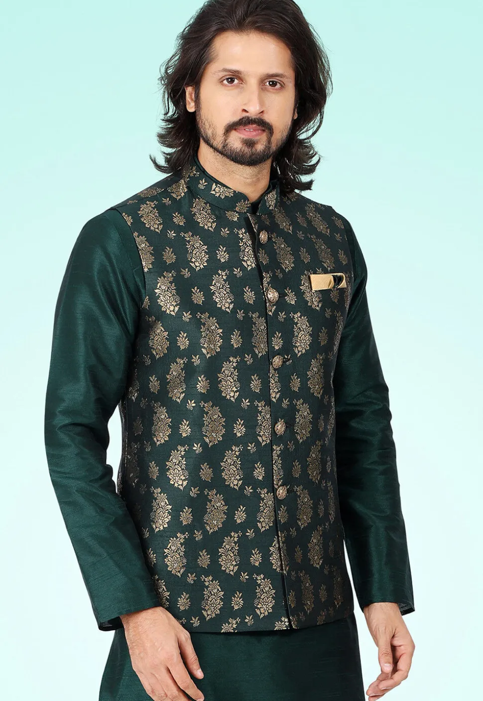 Woven Art Silk Kurta Jacket Set in Dark Green