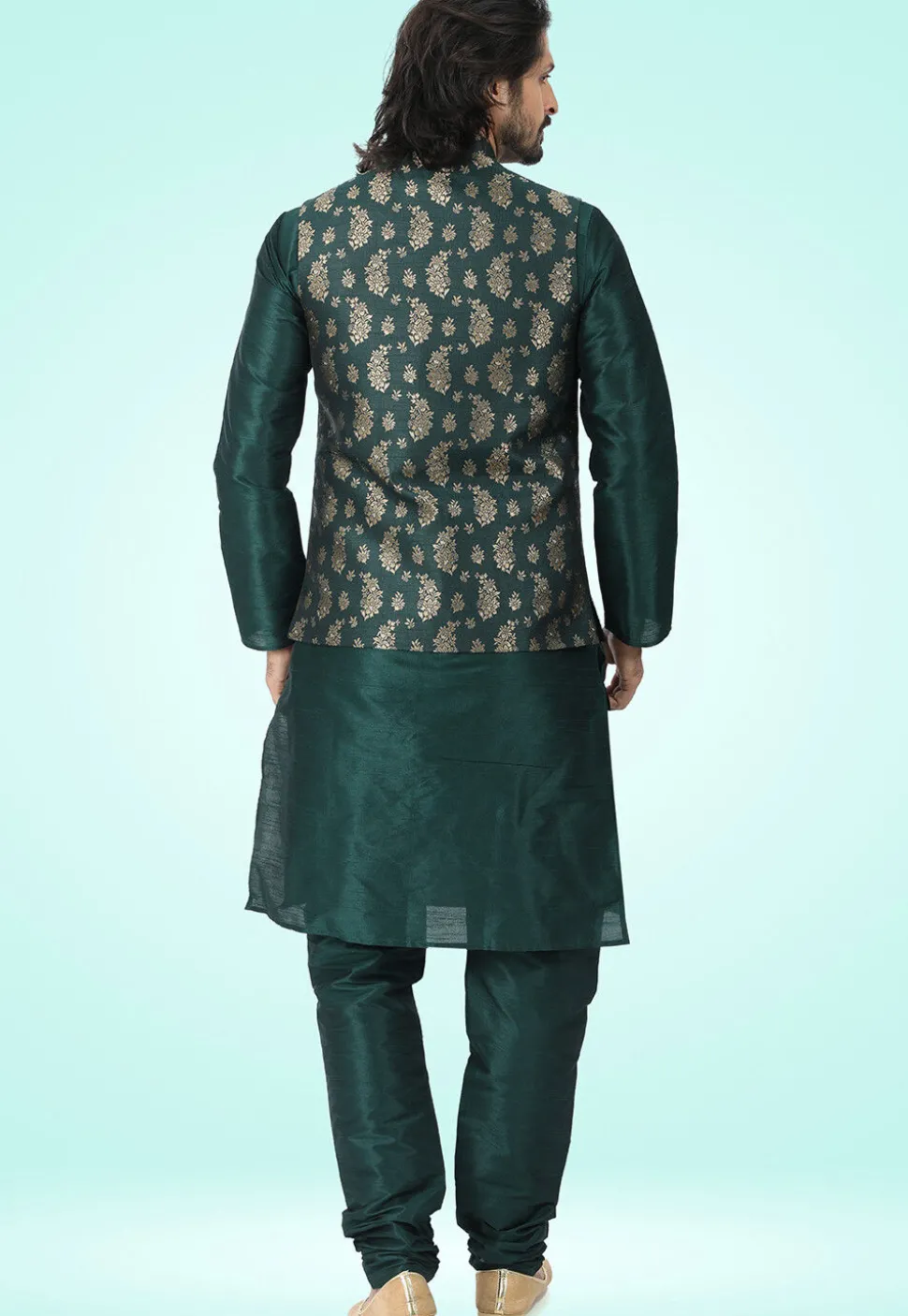 Woven Art Silk Kurta Jacket Set in Dark Green