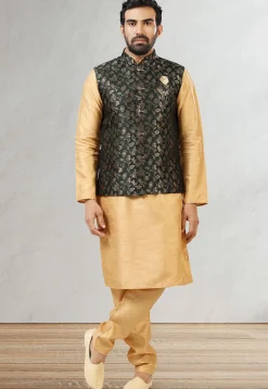 Woven Art Silk Kurta Jacket Set in Beige and Dark Green