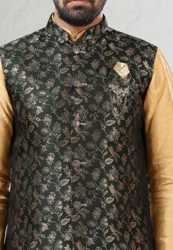 Woven Art Silk Kurta Jacket Set in Beige and Dark Green