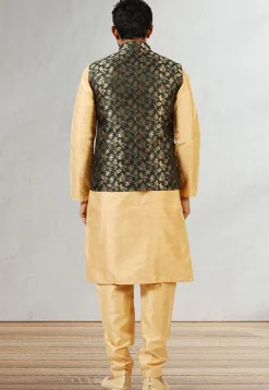 Woven Art Silk Kurta Jacket Set in Beige and Dark Green