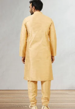 Woven Art Silk Kurta Jacket Set in Beige and Dark Green