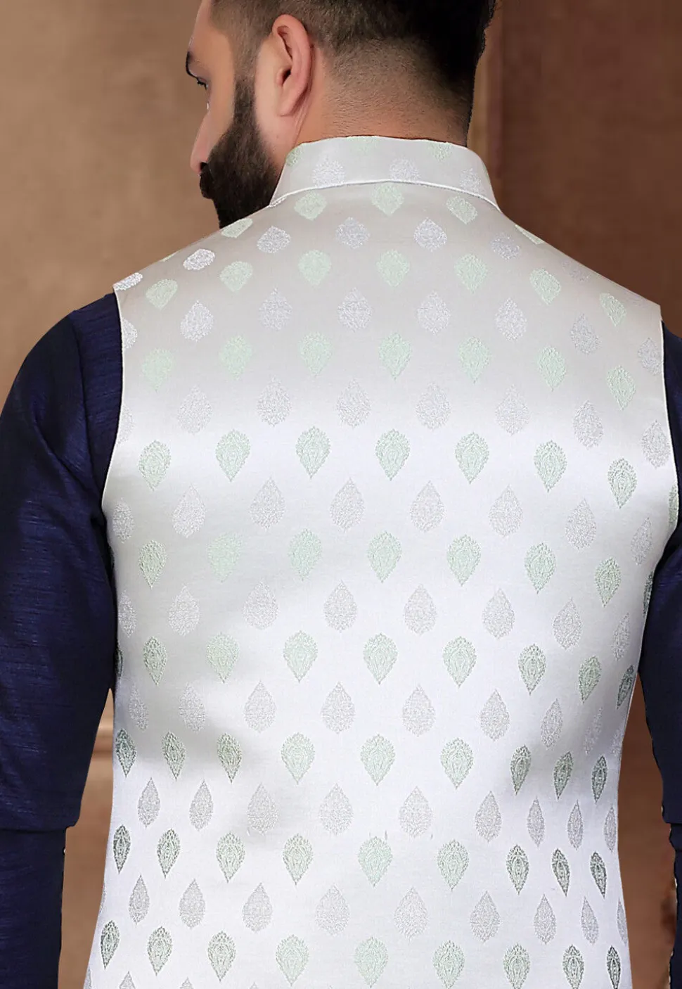 Woven Art Silk Kurta Jacket Set in Navy Blue and White