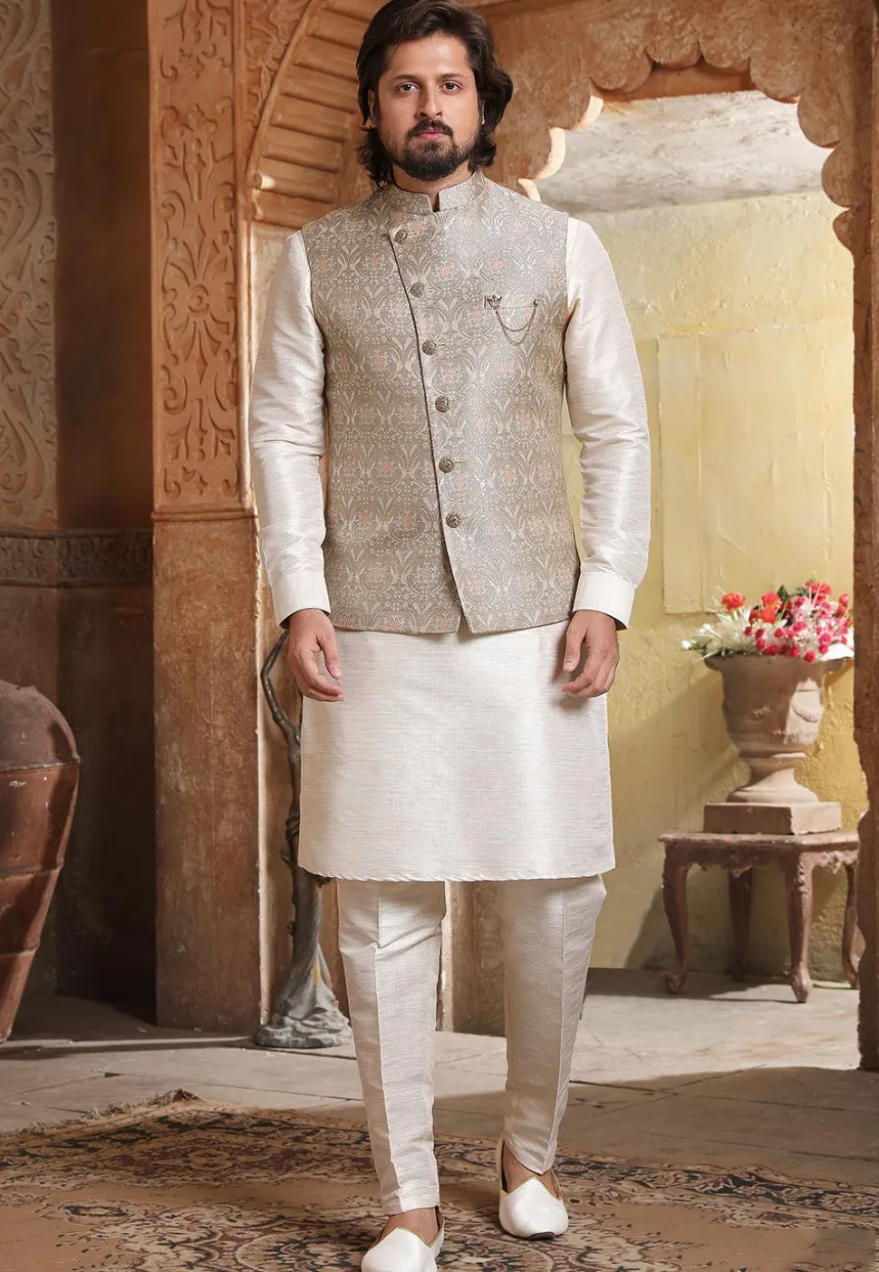 Woven Art Silk Kurta Jacket Set in Off White and Grey