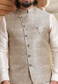 Woven Art Silk Kurta Jacket Set in Off White and Grey