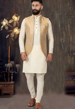 Woven Art Silk Kurta Jacket Set in Cream and Golden
