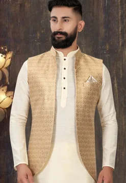 Woven Art Silk Kurta Jacket Set in Cream and Golden