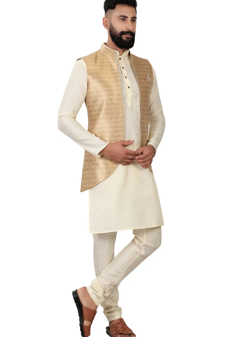 Woven Art Silk Kurta Jacket Set in Cream and Golden