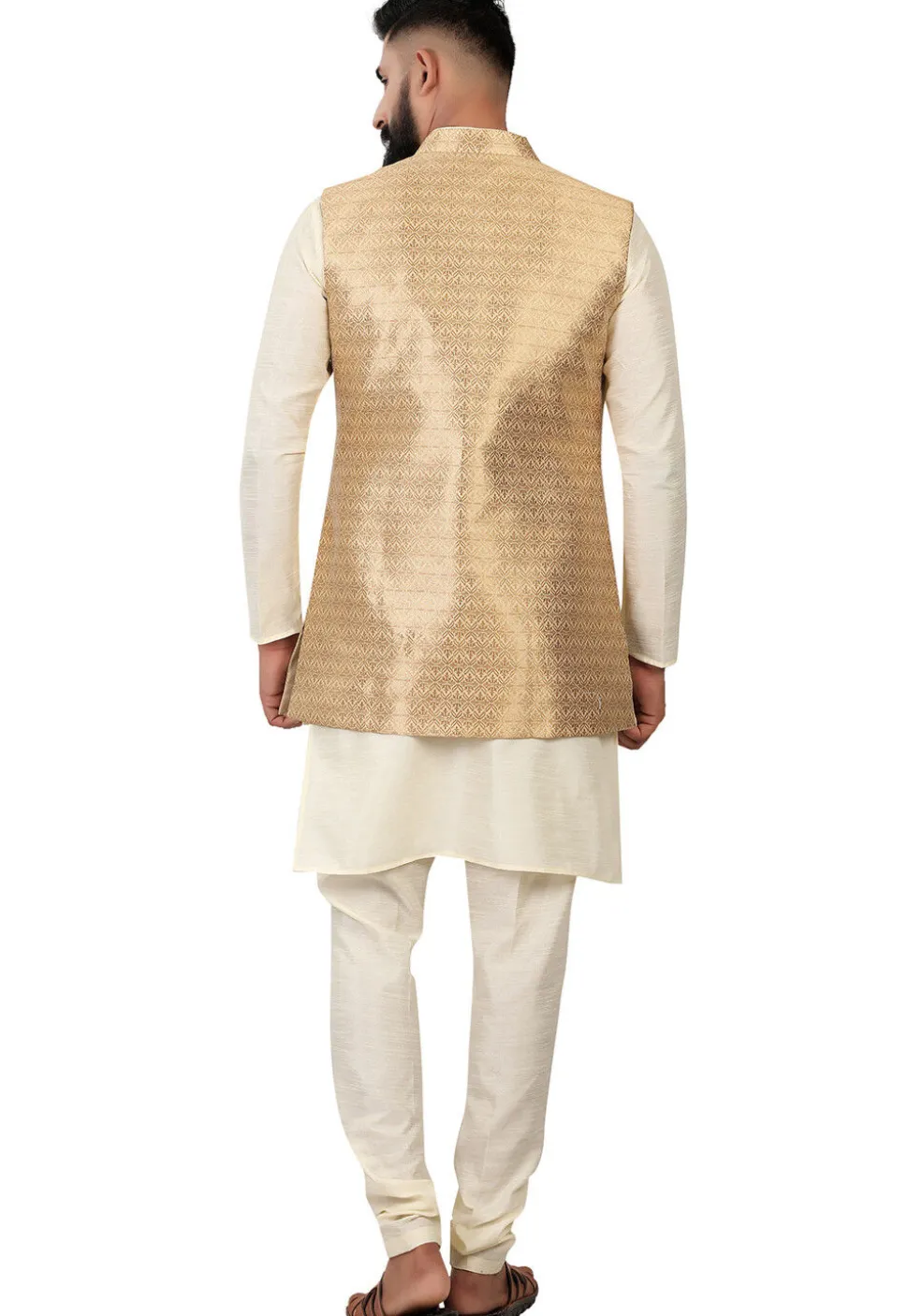 Woven Art Silk Kurta Jacket Set in Cream and Golden