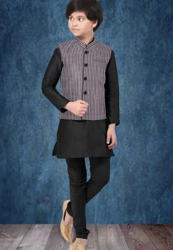 Woven Art Silk Kurta Jacket Set in Black and Purple