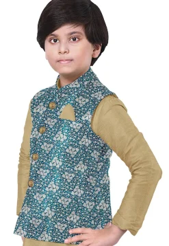 Woven Art Silk Kurta Jacket Set in Beige