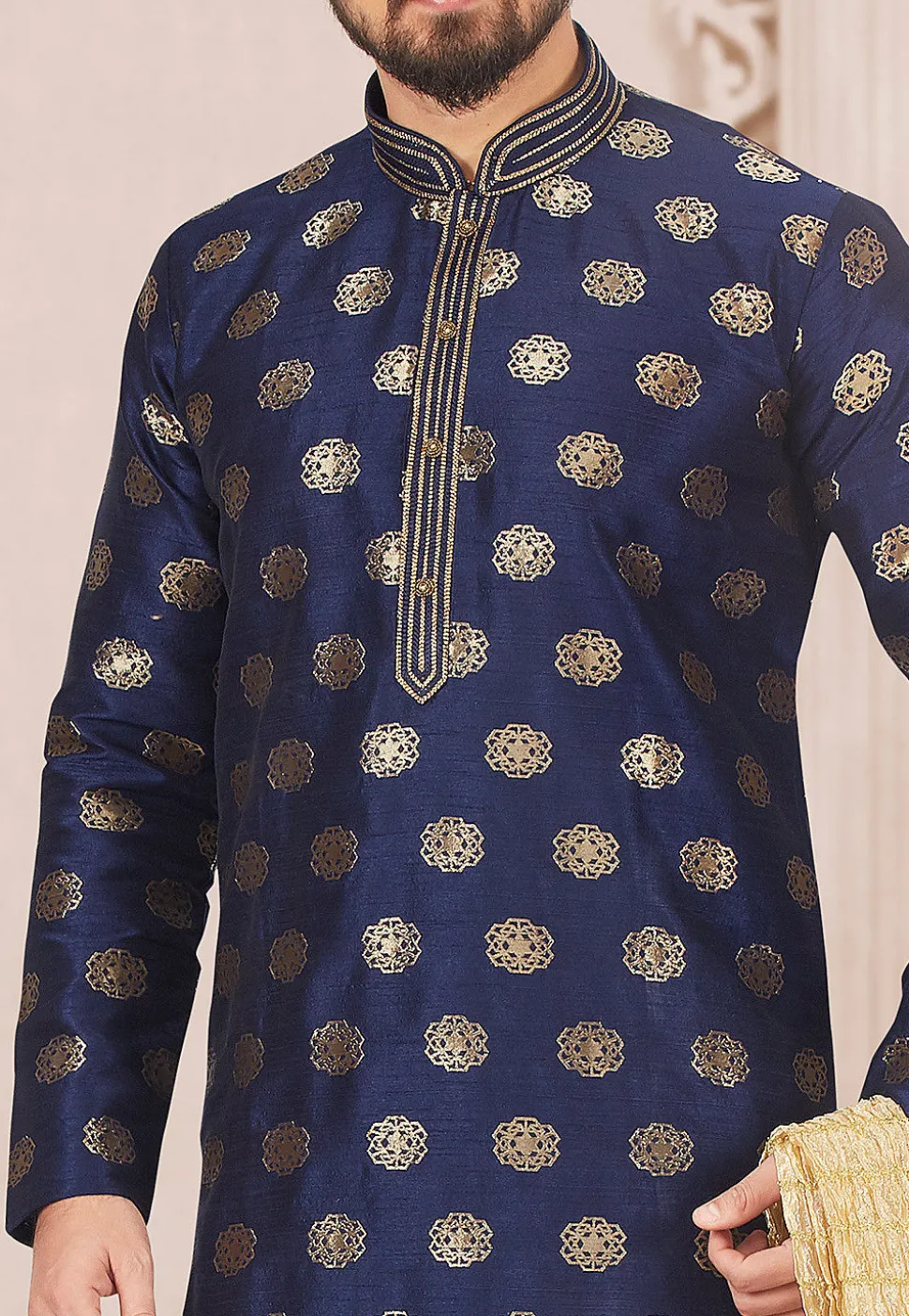 Woven Art Silk Kurta Set in Blue