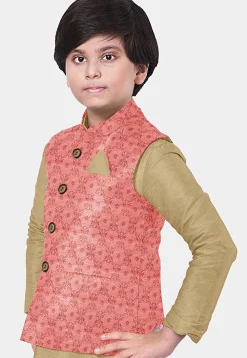 Woven Art Silk Kurta Set in Beige and Pink
