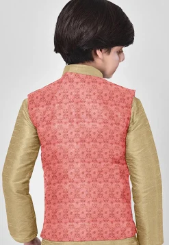 Woven Art Silk Kurta Set in Beige and Pink