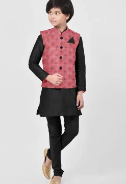 Woven Art Silk Kurta Set in Black