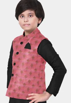 Woven Art Silk Kurta Set in Black