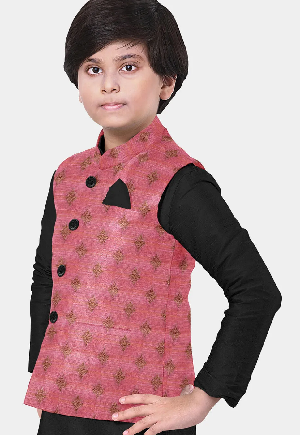 Woven Art Silk Kurta Set in Black