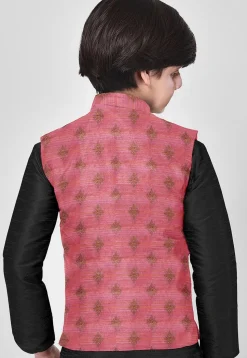 Woven Art Silk Kurta Set in Black