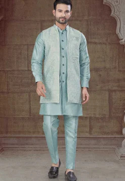 Woven Art Silk Kurta Set in Sky Blue