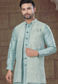 Woven Art Silk Kurta Set in Sky Blue