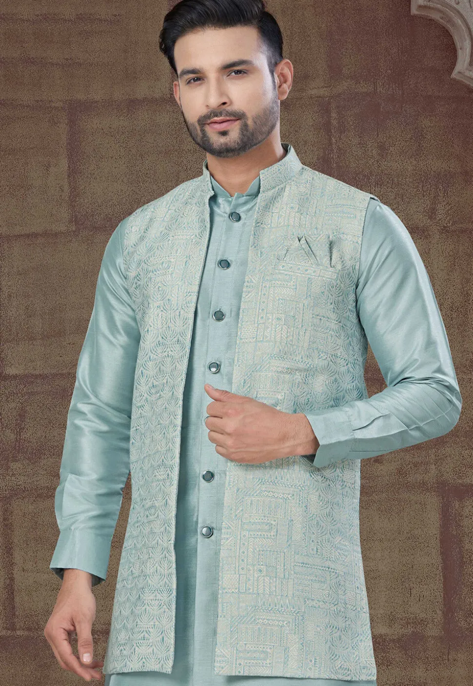 Woven Art Silk Kurta Set in Sky Blue