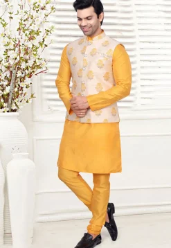 Woven Art Silk Kurta Set in Yellow and Light Beige
