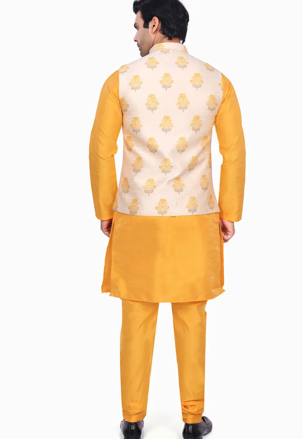 Woven Art Silk Kurta Set in Yellow and Light Beige