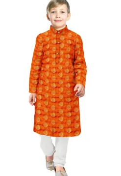 Woven Art Silk Kurta Set in Orange