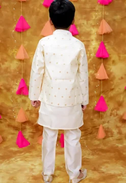 Woven Art Silk Kurta Set in Off White