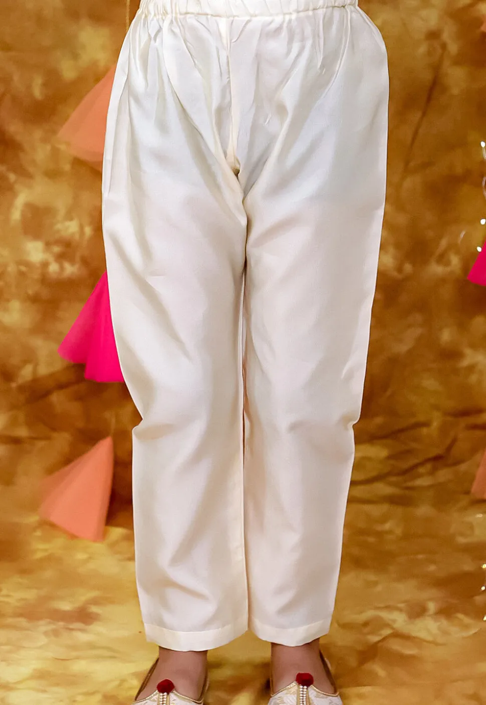 Woven Art Silk Kurta Set in Off White