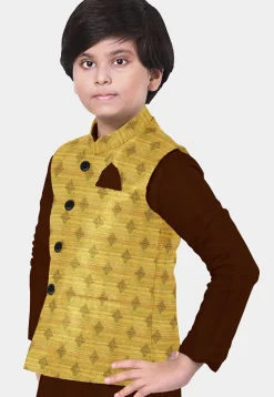 Woven Art Silk Kurta Set in Brown