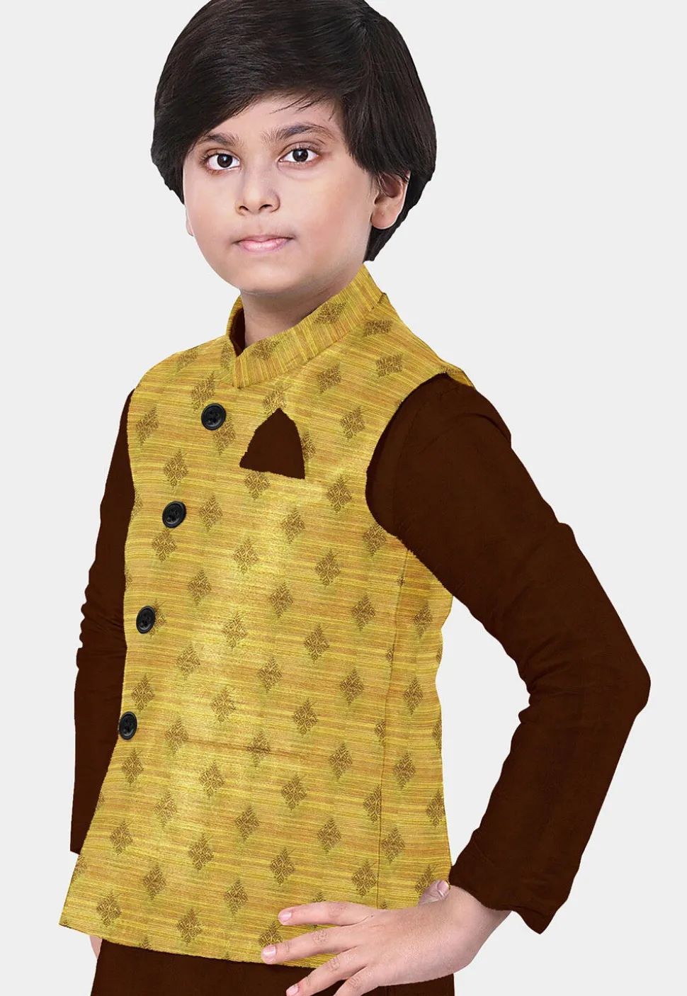 Woven Art Silk Kurta Set in Brown