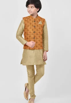 Woven Art Silk Kurta Set in Beige