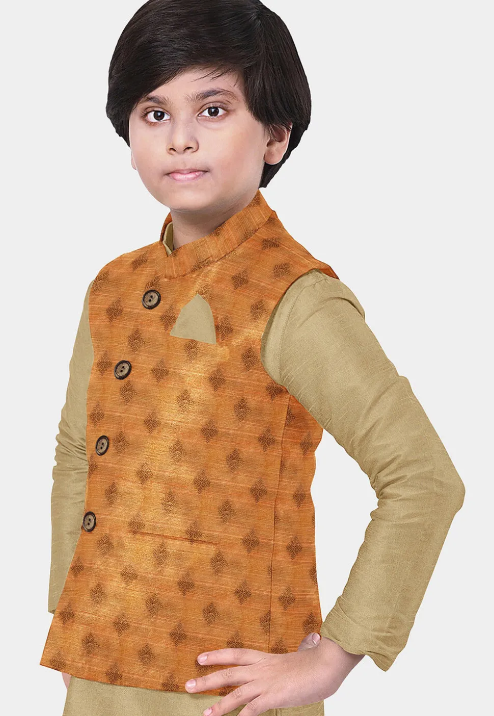 Woven Art Silk Kurta Set in Beige