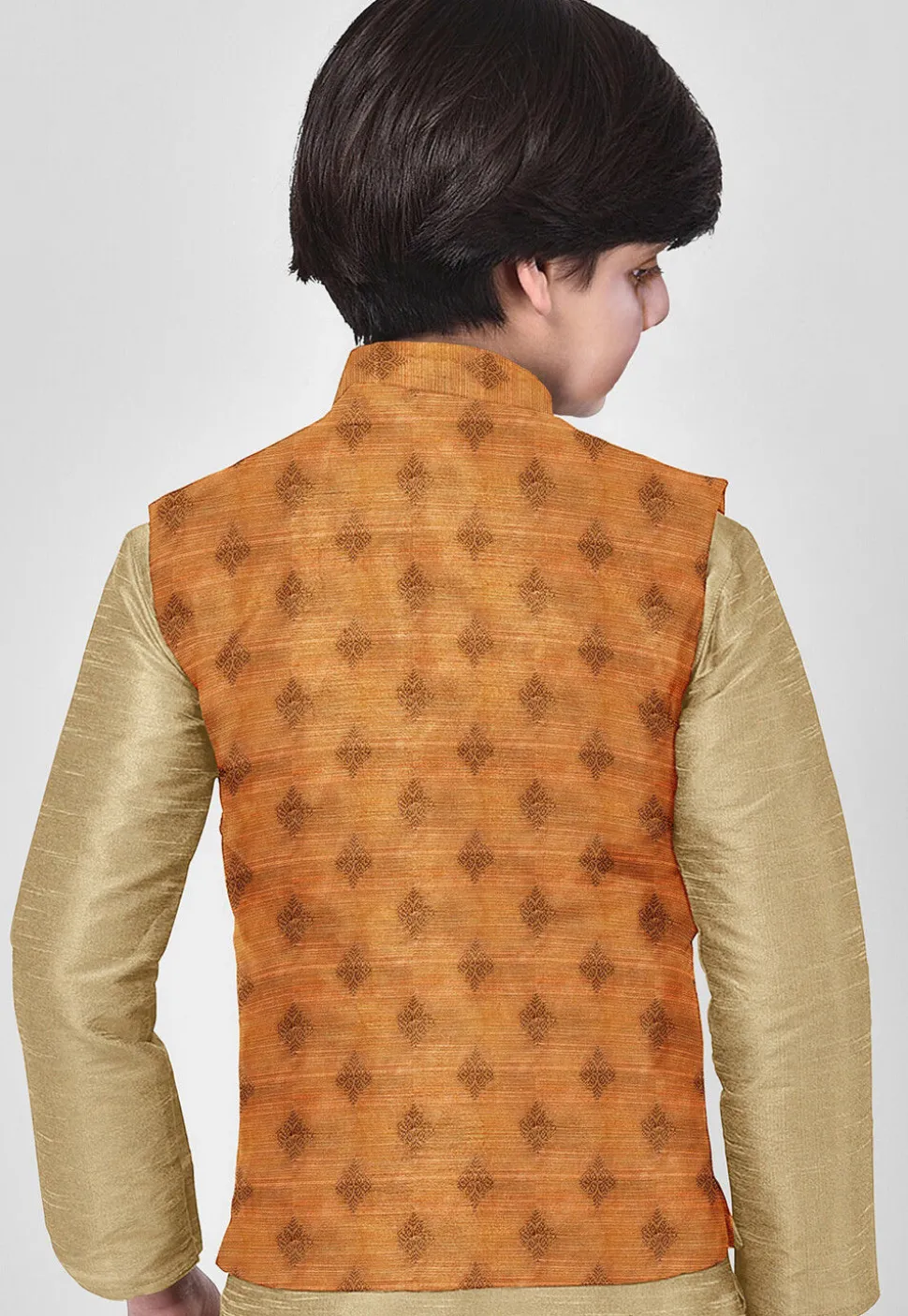 Woven Art Silk Kurta Set in Beige
