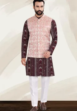 Woven Art Silk Kurta Set in Maroon and Peach