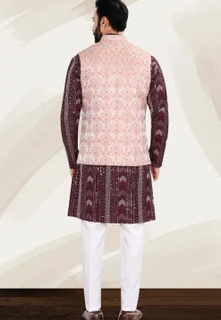 Woven Art Silk Kurta Set in Maroon and Peach