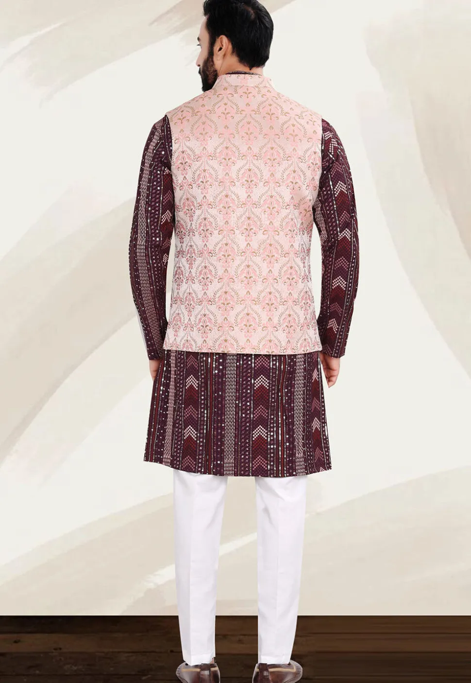Woven Art Silk Kurta Set in Maroon and Peach