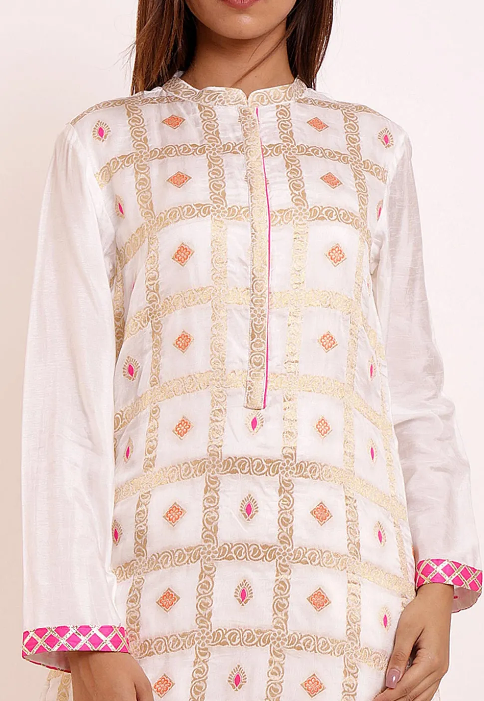 Woven Art Silk Kurti in Off White