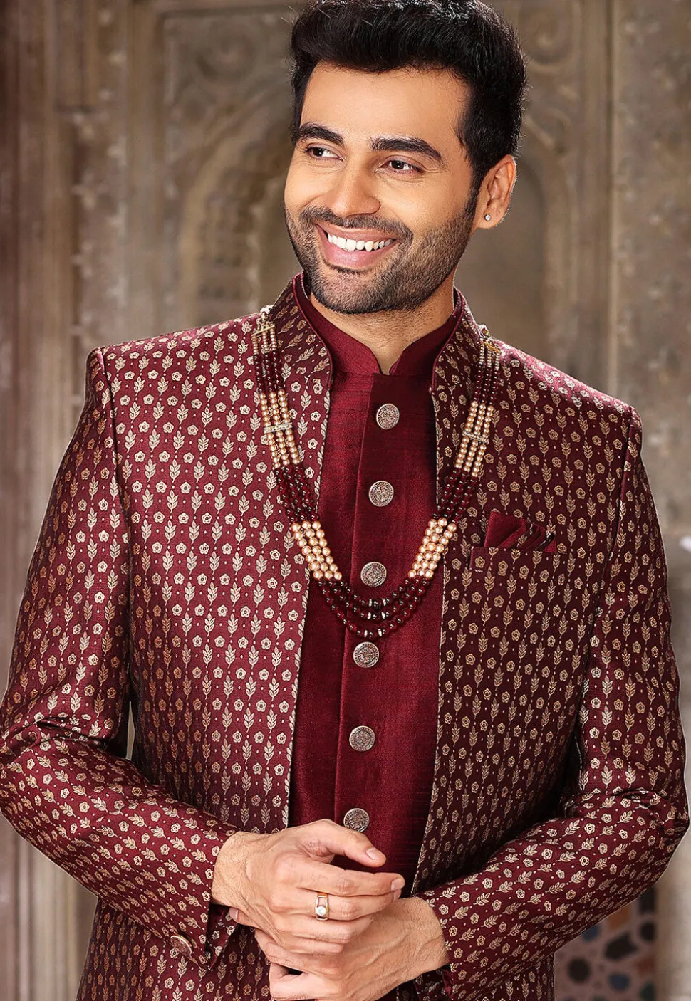 Woven Art Silk Layered Sherwani in Maroon