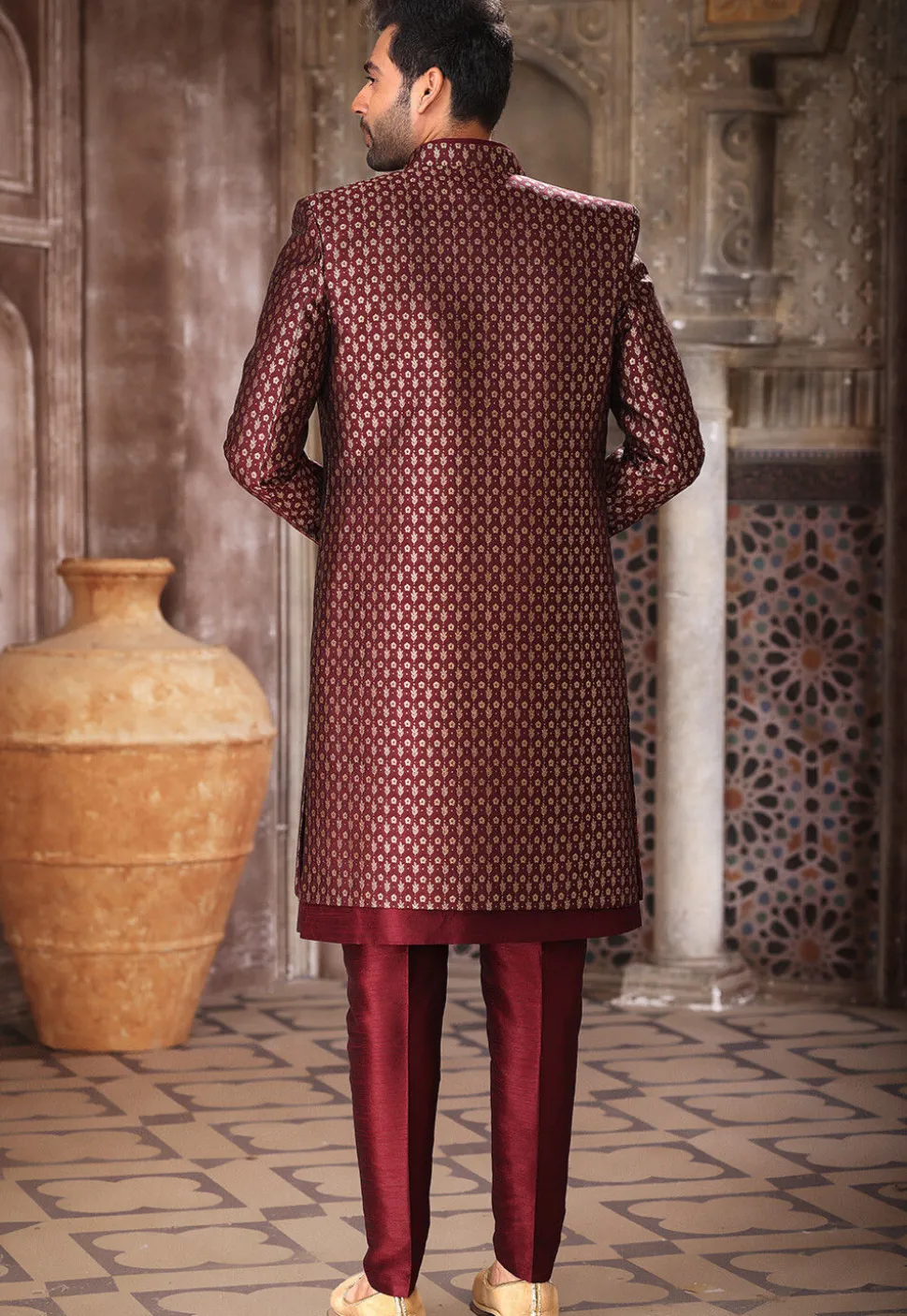 Woven Art Silk Layered Sherwani in Maroon