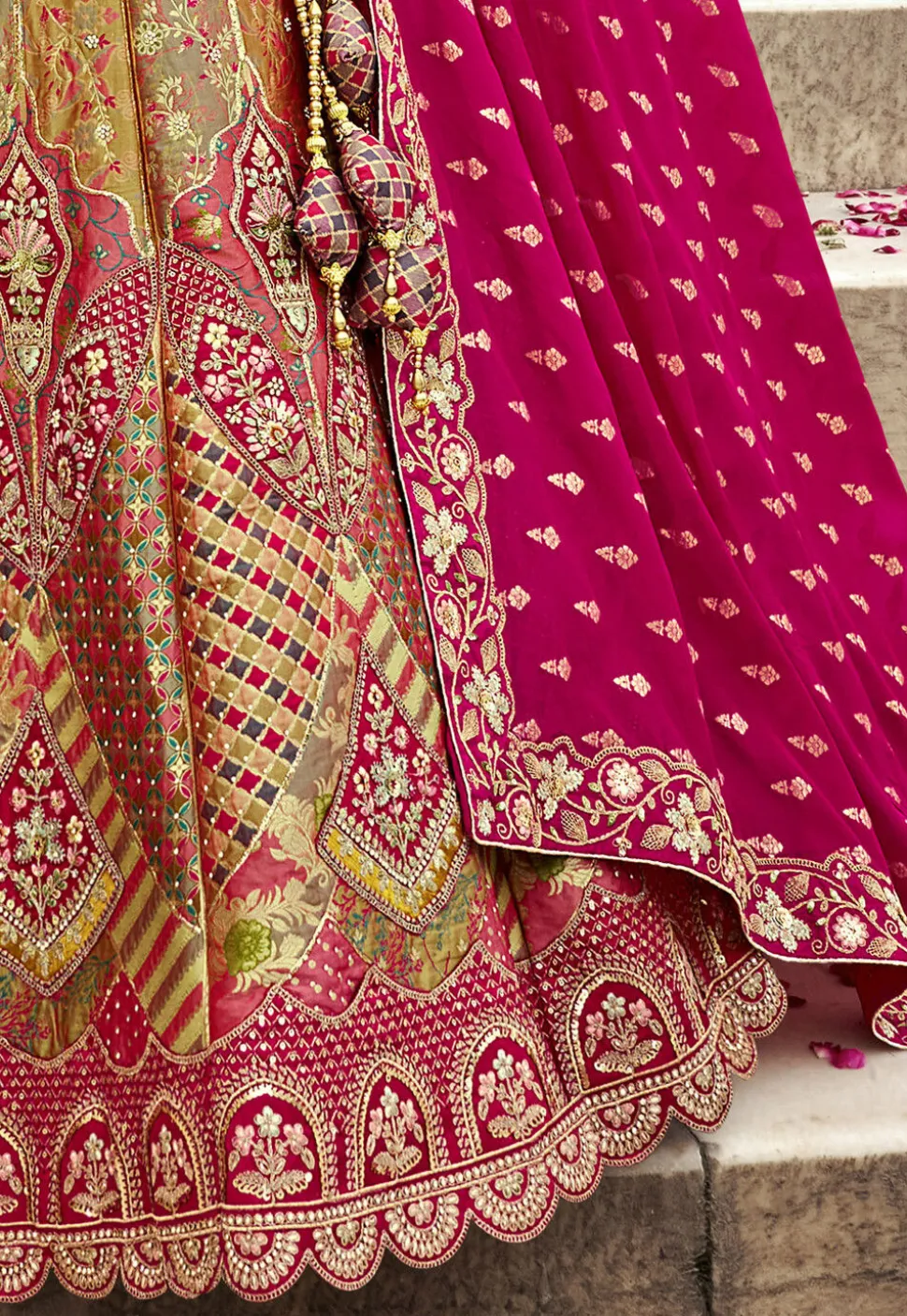 Woven Art Silk Lehenga in Multicolor